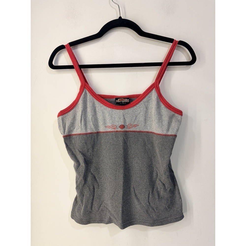 Vintage Y2K Harley-Davidson Women's L Gray Red Flame Tank Top Biker 100% Cotton